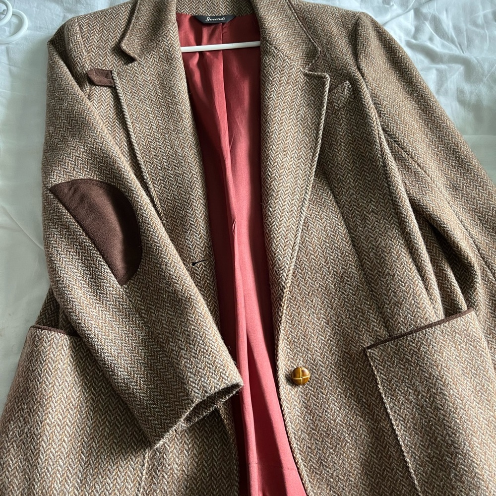 Herringbone Wool Blend Blazer Coat in Brown with Red/Pink Lining